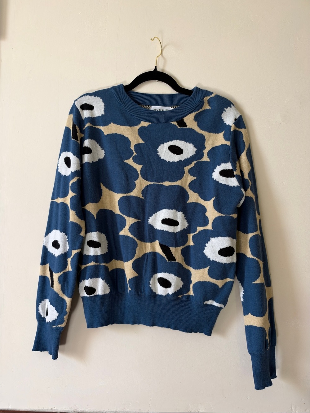 Oxknit Blue Tan Mod Poppy Floral Knit Sweater Retro Style Scandi 100% cotton L